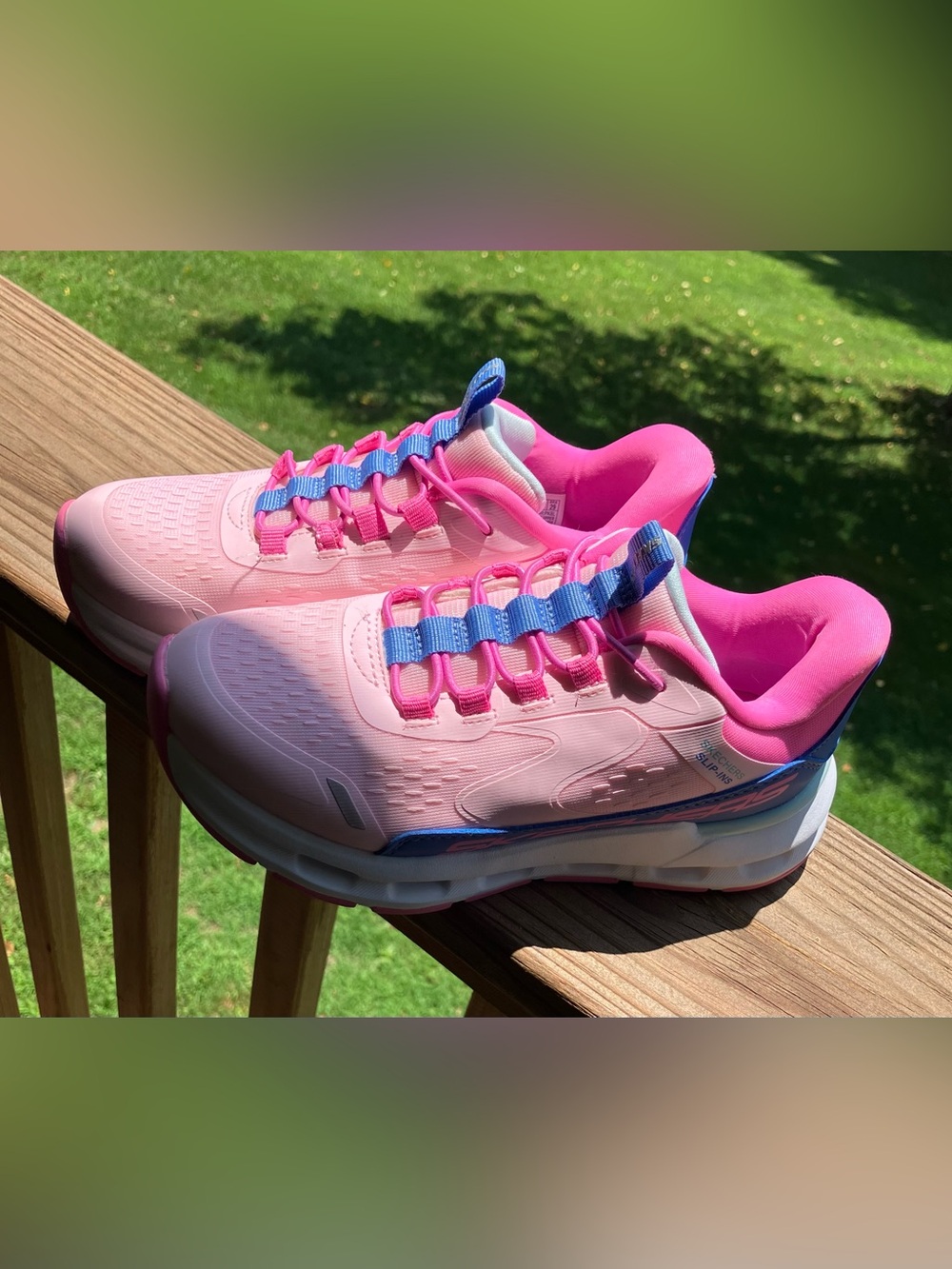 Skechers Pink Slip-On Athletic Sneakers with Blue Tongue Detail